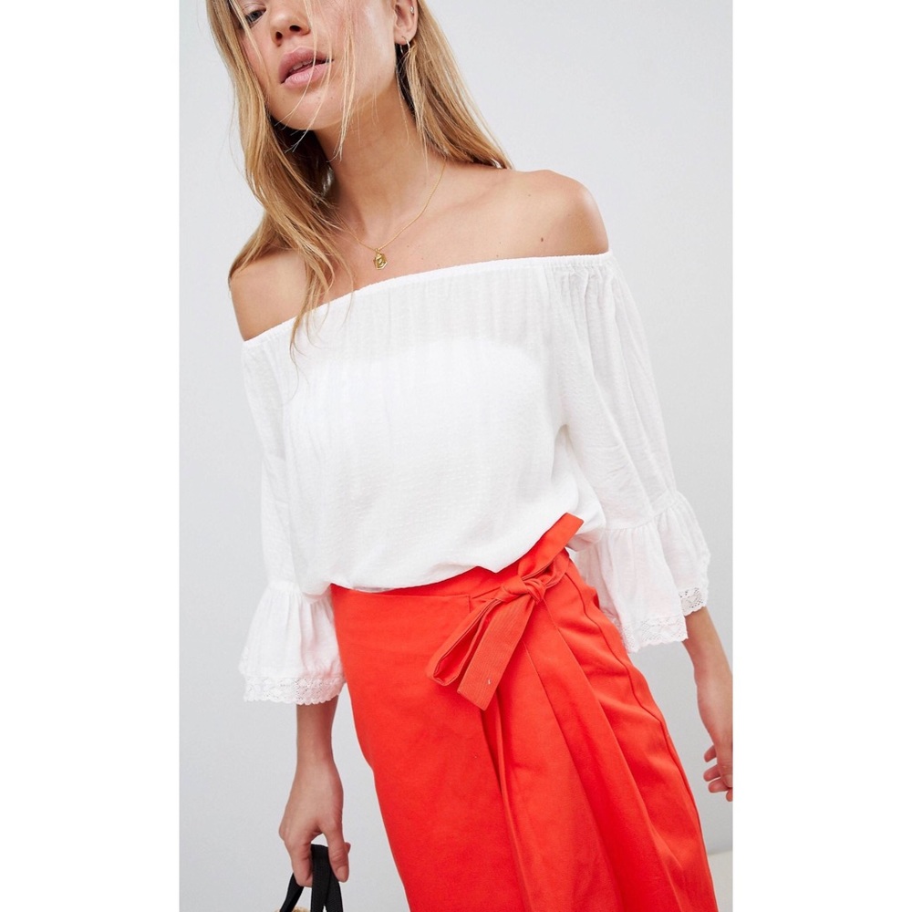 JDY White Bardot Top With Fluted Sleeves 10